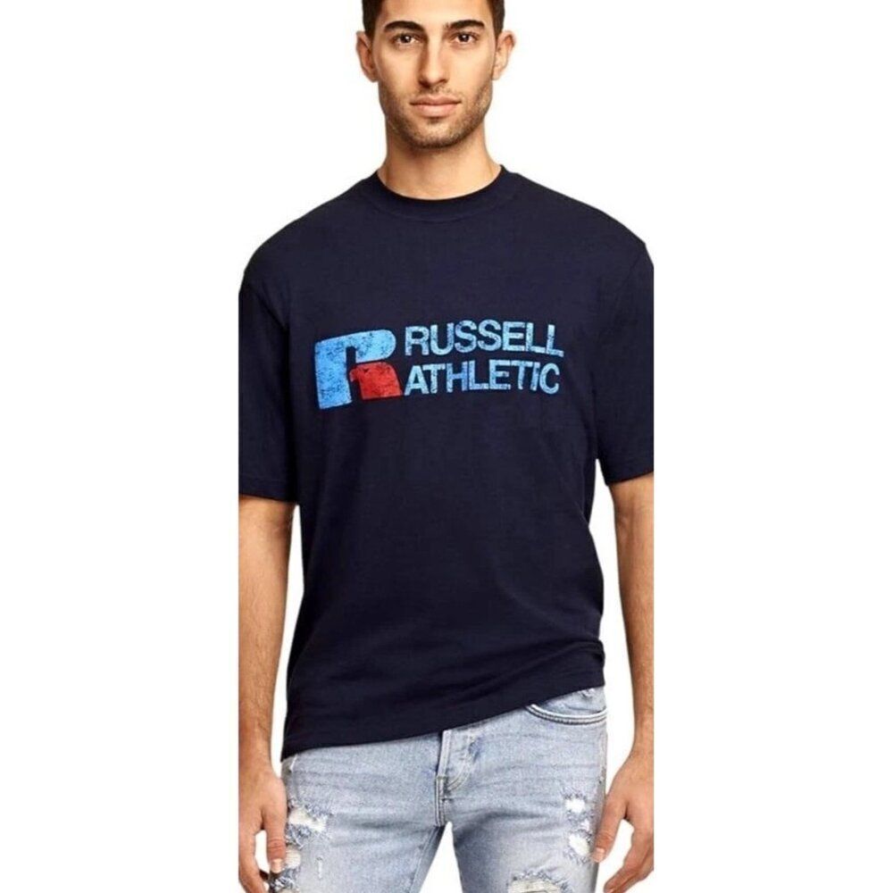 Russell Athletics Men's 2XL Horizontal Graphics Cotton Navy Blue Tee T Shirt NWT